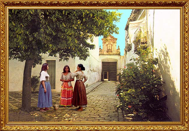 talking. medieval girls at a street